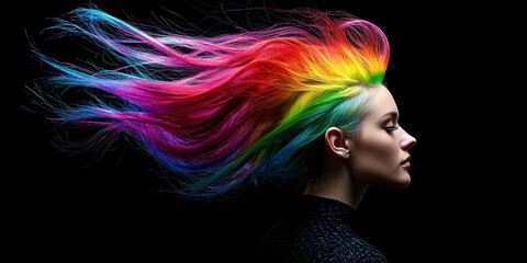 Naklejka premium A woman with rainbow colored hair is the main focus of the image