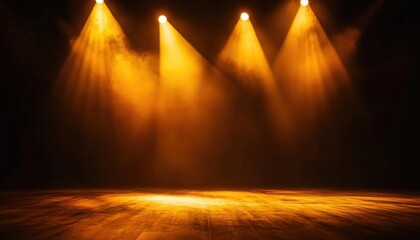 Naklejka premium Stage Lights Smoke Wooden Floor Spotlight Concert Show Performance Party Event Abstract Background Texture Design Graphic Illustration 