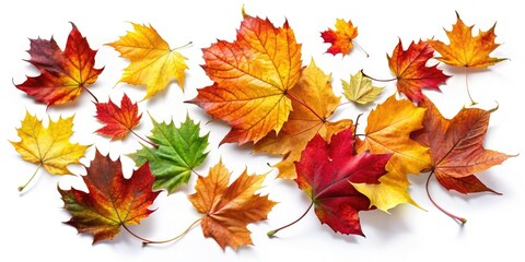 Fototapeta premium Delicate autumn leaves float effortlessly against a crisp white background, ideal for seasonal design projects that celebrate nature's beauty and vibrant colors.