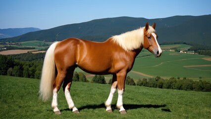 Obraz premium Stunning Haflinger horse in a natural pose, gazing to the left. Perfect for equestrian-themed projects, stock imagery, or nature-inspired artwork