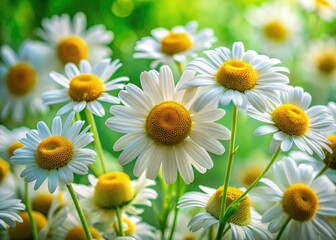 Fototapeta premium Delicate chamomile flowers bloom beautifully against a soft green backdrop, showcasing the essence of natural elegance and the tranquility of a peaceful garden scene.