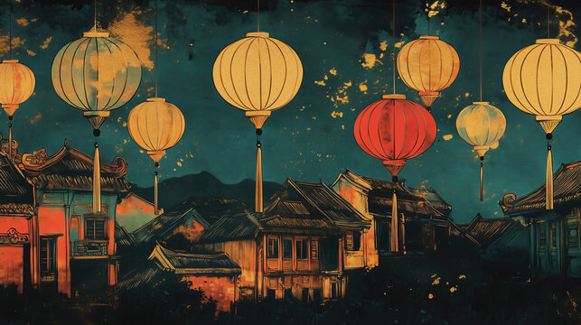retro vintage illustration of сolorful lanterns in ancient rural village. Chinese New Year 