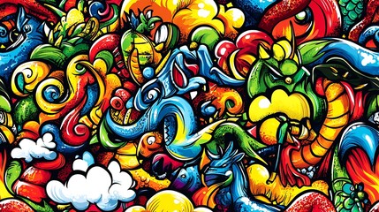 Obraz premium A doodle pattern of mythical creatures such as dragons, unicorns, and fairies, with swirling clouds and enchanted forests in the background, a colorful fantasy landscape with glowing accents,