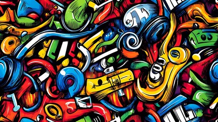A dynamic music doodle pattern filled with guitars, pianos, saxophones, and headphones, with musical notes and sound waves swirling in the background, bright and vivid colors, hd quality,
