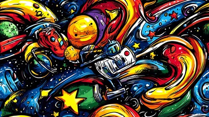 Obraz premium A dynamic space exploration doodle pattern featuring astronauts exploring space stations, satellites orbiting planets,