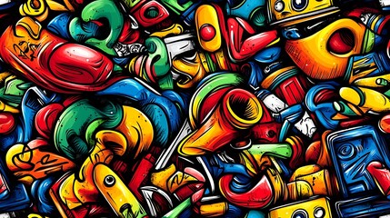 Fototapeta premium A dynamic street art doodle pattern with skateboards, boom boxes, graffiti art, and streetwear elements, against a gritty urban backdrop with neon lights and graffiti-covered walls,