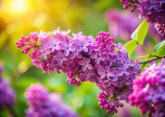 Obraz premium Delicate purple lilac flowers bloom on a branch, set against a softly blurred natural backdrop, embodying the serene beauty of springtime in full bloom.