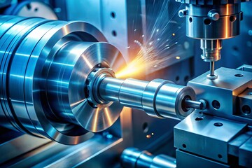 Fototapeta premium Surreal CNC Lathe Machine in Action: High-Tech Metalworking Process Cutting Precision Parts