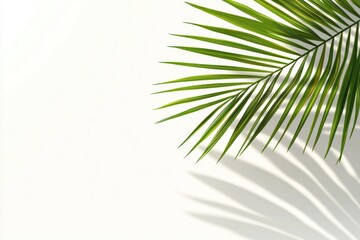 Genuine depiction of palm foliage on a bright white surface. Elegant design elements for seasonal products. Clear shadows of palm fronds. Creative overlapping effect for example presentations