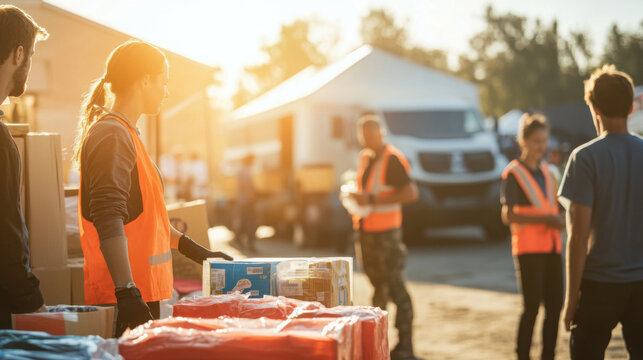 Volunteers distributing emergency supplies to disaster victims, with trucks and tents in the background, illuminated by bright sunlight. Copy space