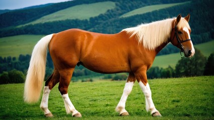 Beautiful Haflinger horse looking towards the left, showcasing its strong, elegant build. Ideal for equestrian photography, breed identification, or horse-related digital designs
