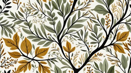 Pattern of autumn leaves in green, orange, and brown tones, perfect for seasonal designs, fabric, stationery, and nature-themed artwork