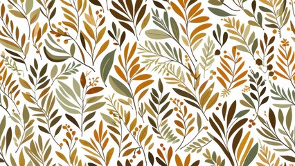 Pattern of autumn leaves in green, orange, and brown tones, perfect for seasonal designs, fabric, stationery, and nature-themed artwork