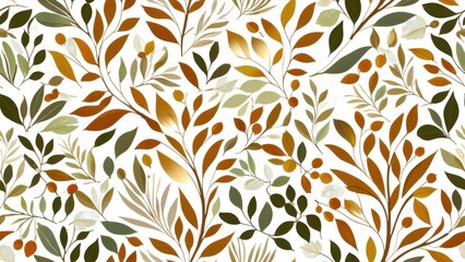 Pattern of autumn leaves in green, orange, and brown tones, perfect for seasonal designs, fabric, stationery, and nature-themed artwork