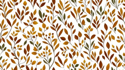 Pattern of autumn leaves in green, orange, and brown tones, perfect for seasonal designs, fabric, stationery, and nature-themed artwork