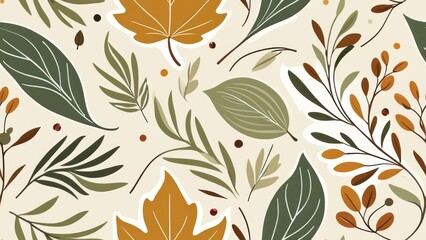 Pattern of autumn leaves in green, orange, and brown tones, perfect for seasonal designs, fabric, stationery, and nature-themed artwork