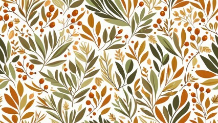 Pattern of autumn leaves in green, orange, and brown tones, perfect for seasonal designs, fabric, stationery, and nature-themed artwork