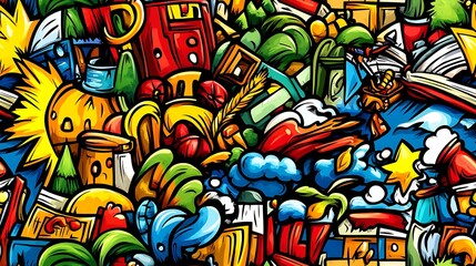 Obraz premium A lively fantasy land doodle pattern showcasing enchanted castles, mystical creatures, and magical forests, surrounded by spell books, potions, and enchanted objects, set against a bright blue sky,