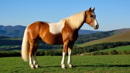Fototapeta premium Beautiful Haflinger horse looking towards the left, showcasing its strong, elegant build. Ideal for equestrian photography, breed identification, or horse-related digital designs