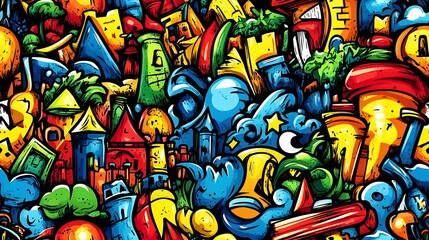 A lively fantasy land doodle pattern showcasing enchanted castles, mystical creatures, and magical forests, surrounded by spell books, potions, and enchanted objects, set against a bright blue sky,