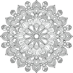 Design a floral mandala using 1pt line art with a variety of intricate flowers, petals, and leaves arranged in a radial pattern. Ensure each layer has different floral shapes for a beautiful, nature-i