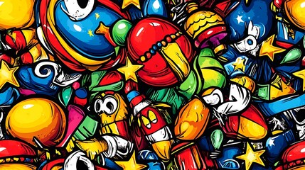 Obraz premium A lively fiesta-themed doodle pattern showcasing maracas, piñatas, confetti, and party banners, surrounded by bright balloons, stars, and fireworks, set against a colorful background,