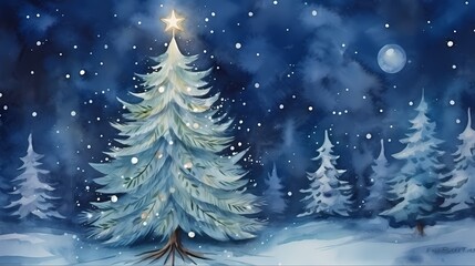 Obraz premium A stunning evergreen tree shines with a star, surrounded by a winter night landscape.