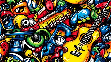 Obraz premium A lively music doodle pattern featuring acoustic guitars, pianos, and microphones, with dynamic lines of musical notes, vinyl records, and headphones, set against a bright and colorful background,