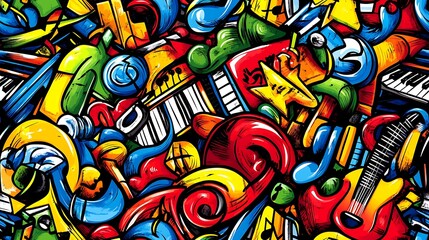 Obraz premium A lively music doodle pattern featuring acoustic guitars, pianos, and microphones, with dynamic lines of musical notes, vinyl records, and headphones, set against a bright and colorful background,