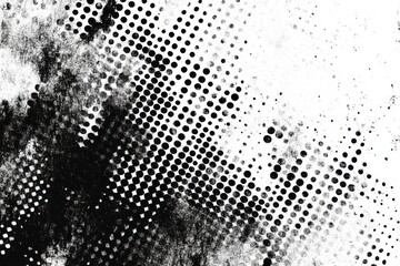Vintage distressed mini dot pattern backdrop design. Textured monochrome ink raster layer with transparency. Retro comic aesthetic creating unique visual surface