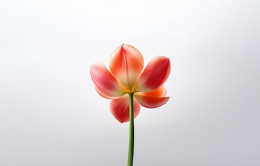 Naklejka premium A single, open tulip with pink and orange petals stands upright on a white background. The stem is green and the flower is facing away from the camera.