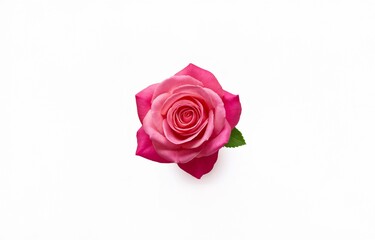Fototapeta premium A single pink rose with green leaves sits against a white background.