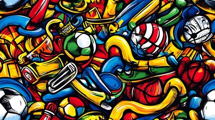 Obraz premium A lively sports doodle pattern featuring various sports items like soccer balls, basketballs, tennis rackets, and football helmets, surrounded by trophies, jerseys, and dynamic lines,