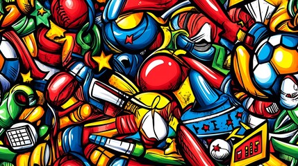 Obraz premium A lively sports doodle pattern showcasing various sports equipment like soccer balls, basketballs, baseball bats, and tennis rackets, surrounded by scoreboards, stars, and swirling lines,