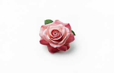 A single pink rose with green leaves is isolated against a white background.