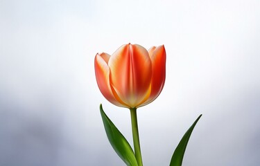 A single orange and yellow tulip with green leaves stands against a white background.
