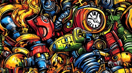 Fototapeta premium A lively steampunk doodle pattern featuring mechanical cogs, vintage clock faces, steam valves, and airships, with dynamic lines of steam and swirling pipes,