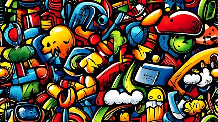 Obraz premium A lively tech doodle pattern filled with gadgets like laptops, VR headsets, tablets, and robots, surrounded by lines of code, cloud icons, and abstract shapes, set against a bright digital background,