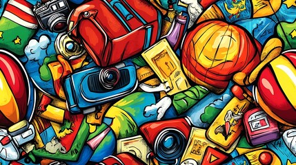 Fototapeta premium A lively vintage travel doodle pattern featuring hot air balloons, postcards, suitcases, and film cameras, surrounded by travel tags and maps in bright colors, playful and cheerful, hd quality,