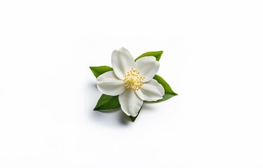 Obraz premium A single white flower with yellow center and green leaves on a white background.
