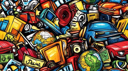 Fototapeta premium A nostalgic doodle pattern showcasing retro travel elements like globes, vintage cars, suitcases, and film reels, surrounded by postcards and travel labels, soft pastel colors and warm tones,