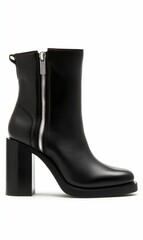 Black leather ankle boots with chunky heels.