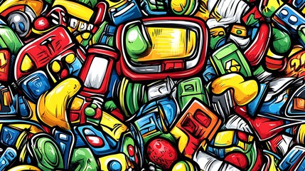 Obraz premium A nostalgic retro gaming doodle pattern featuring CRT monitors, arcade tokens, pixel art characters, and game cartridges, surrounded by bright neon lights and glitch effects, vibrant and fun,