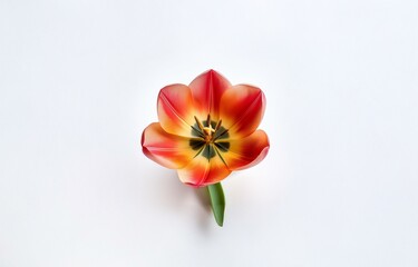 Naklejka premium A single tulip with red and yellow petals and a green stem sits against a white background.
