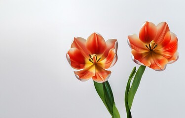 Two delicate tulips with orange and yellow petals against a white background.