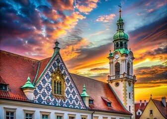 Naklejka premium Tiled Roof with Colorful Checkered Dormers of Bratislava Old Town Hall - Stunning Silhouette Photography