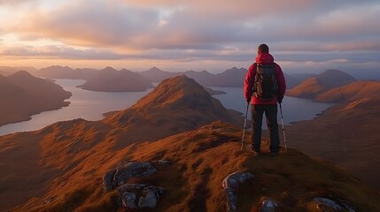 Fototapeta premium Lone Hiker at Sunrise Over Scenic Mountain Landscape