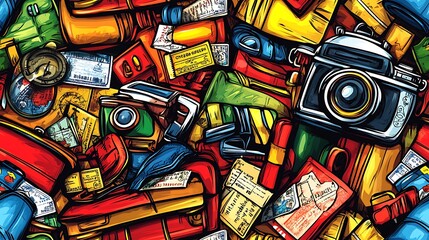 Obraz premium A nostalgic vintage travel doodle pattern filled with classic cameras, retro luggage, train tickets, and stamps, with muted tones and delicate lines, set against a backdrop of old maps and compasses,