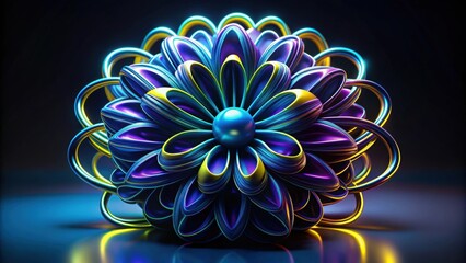 Abstract surreal alien flower in curved wavy spherical lines in black matte rubber material with neon glowing yellow