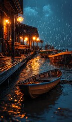 Obraz premium Rainy night, dock, boat, lights, reflection.